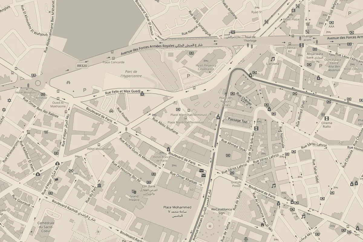 Plan du centre de Casablanca autour de la place Maréchal ; le repère indique l’agence